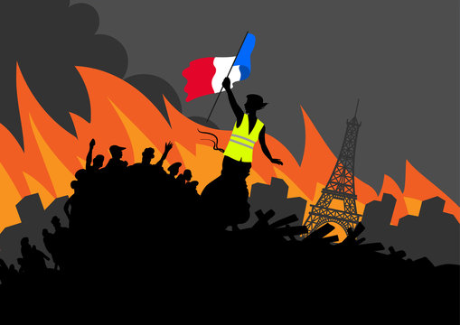 Yellow vests protest movement graphics on cityscape and Eiffel tower. Woman freedom and french flag on the barricade.