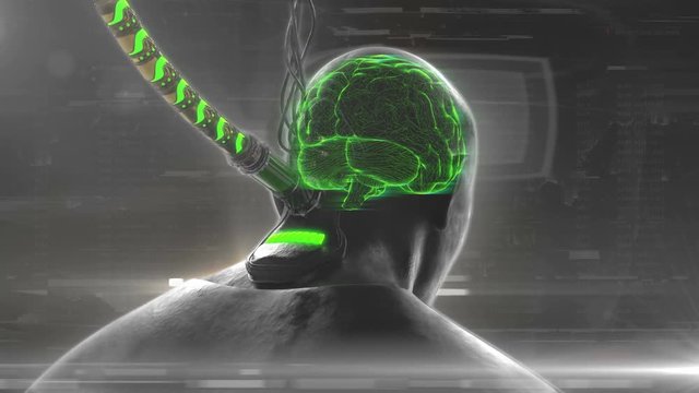 Human or cybernetic brain connected to network, superhuman, learning information. Futuristic technology, plugged into network, artificial intelligence, robots