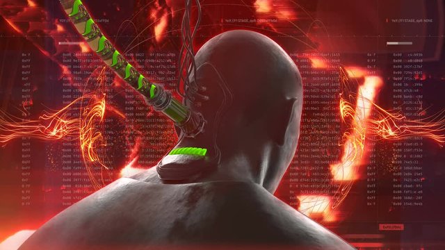 Computer system, network controlling person. Futuristic human learning process. Futuristic technology, plugged into network, artificial intelligence, robots