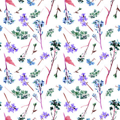 Hand drawn watercolor seamless pattern with meadow small lilac and green flowers and herbs on white background
