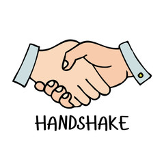 Vector handshake or partnership deal and people agreement simple flat sketch color isolated icon of two shake professional hand symbol for business team or relationship and friendship drawing illustra