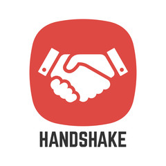 Vector handshake or partnership deal and agreement simple flat isolated icon in red superellipse button of two shaking hand.