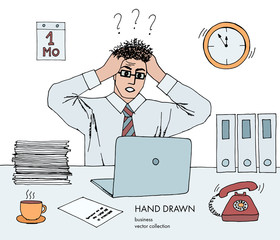Illustration of stress at work. Young businessman holds his head looking at the monitor. Hair stand on end. A lot of work, deadline. Telephone rings. Hand drawn colored vector line art sketch