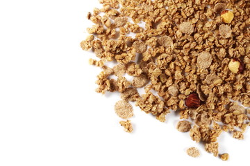 Crunchy granola, muesli pile with nuts isolated on white background, top view