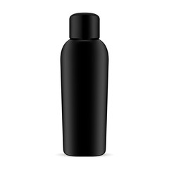 Black Cosmetic Bottle. Elegant 3d Plastic Object Blank Isolated on White Background. Realistic Container for Shampoo, Gel, Oil, Liquid Soap, Lotion. Round Cap. Medical Product Packaging Mock Up.