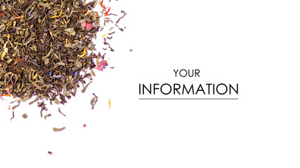 Leaf tea with flowers and fruits pattern on a white background, top view