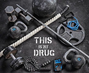 Sports equipment on a black background. Top view. Motivation