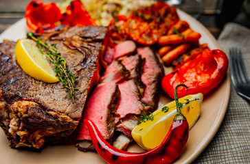 steak with vegetables, close-up