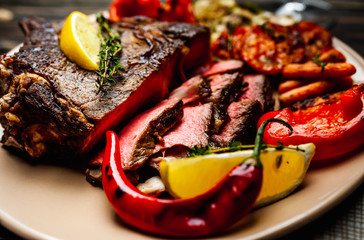 steak with vegetables, close-up