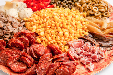 Pizza ingredients, vegetables, meat