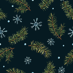 Fototapeta na wymiar Winter Watercolor Christmas seamless pattern with Tree Branches and snowflakes.