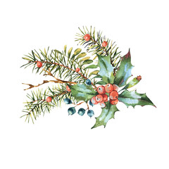 Watercolor Christmas vintage floral greeting card, New year decoration with pine branches, holly, berries.