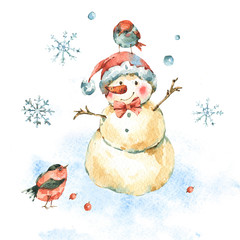 Winter Watercolor Christmas greeting card with cute sowman and birds.