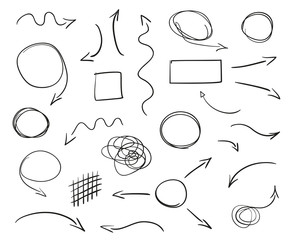 Hand drawn infographic elements on white. Abstract arrows. Line art. Set of different shapes. Black and white illustration. Doodles for artwork