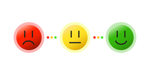 Vector illustration of client survey rate. Sad, neutral and happy emotions. Customer service satisfaction level or consumer feedback.