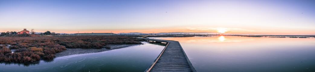 Wooden boardwalk through the tidal marshes of Alviso, Don Edwards San Francisco Bay National...
