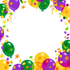 Mardi Gras carnival background with colorfull flying balloons, confetti, serpentine frame with place for text. Isolated on white vector illustration.