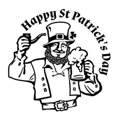 Happy St Patricks Day poster. Leprechaun character in traditional Irish costume with beer mug and pipe. Hand drawn vector illustration isolated on white.
