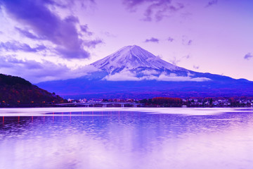 Fototapeta premium View of the Mount Fuji from Lake Kawaguchi at dawn in Japan.