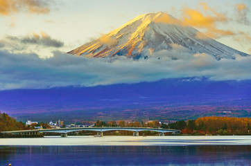 View of the Mount Fuji from Lake Kawaguchi in autumn in Japan.