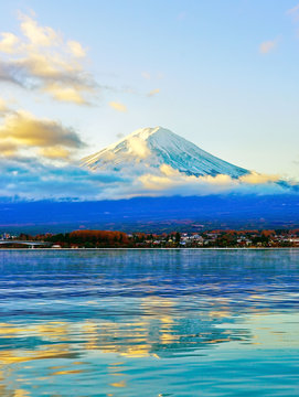 View of the Mount Fuji from Lake Kawaguchi at sunrise in Japan.