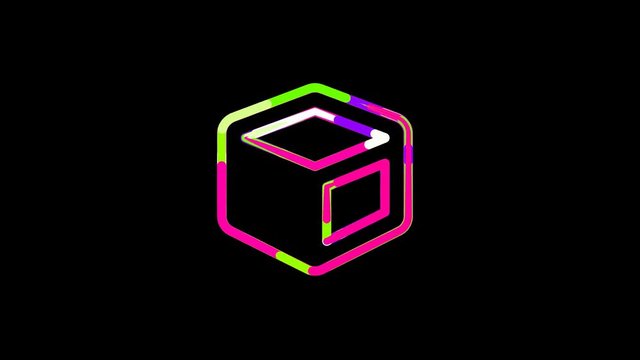 Circles gather in symbol cube. After it crumbles in a line and moves to the camera. Alpha channel black