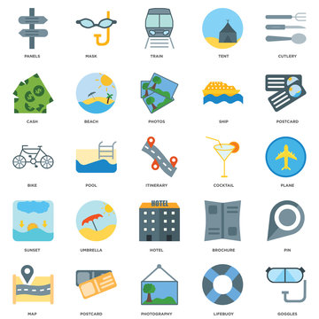 25 icons related to Goggles, Lifebuoy, Photography, Postcard, Map, Cocktail, Hotel, Sunset, Cash, Train, Mask signs. Vector illustration isolated on white background.