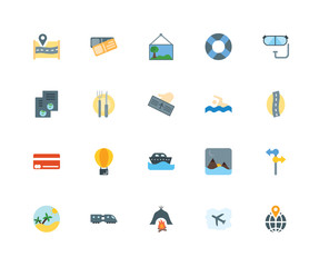 20 icons related to Worldwide, Road, Goggles, Lifebuoy, Summer, Postcard, Sunset, Passport signs. Vector illustration isolated on white background.