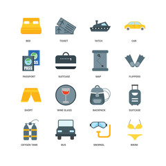 16 icons related to Bikini, Snorkel, Bus, Oxygen tank, Suitcase, Bed, Passport, Short, Map, undefined, undefined signs. Vector illustration isolated on white background.