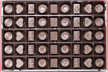 various chocolate pralines asorti in the box