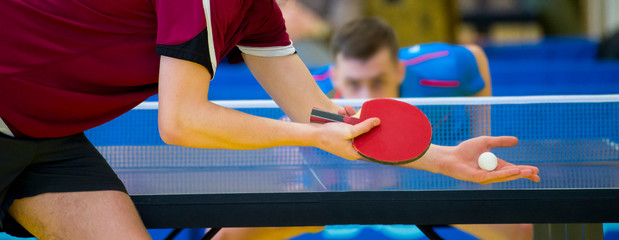 close up service on table tennis - obrazy, fototapety, plakaty
