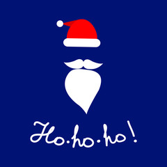 Vector Santa's hat and beard with lettering "Ho-ho-ho" for holiday party decoration. Flat icon or card design at dark background.