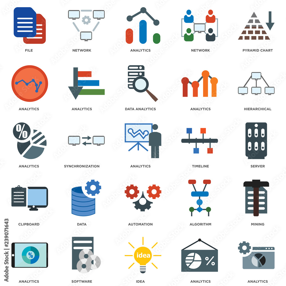 Poster 25 icons related to analytics, server, hierarchical structure, network, algorithm, analytics signs. 