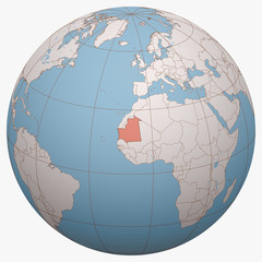 Mauritania on the globe. Earth hemisphere centered at the location of the Islamic Republic of Mauritania. Mauritania map.