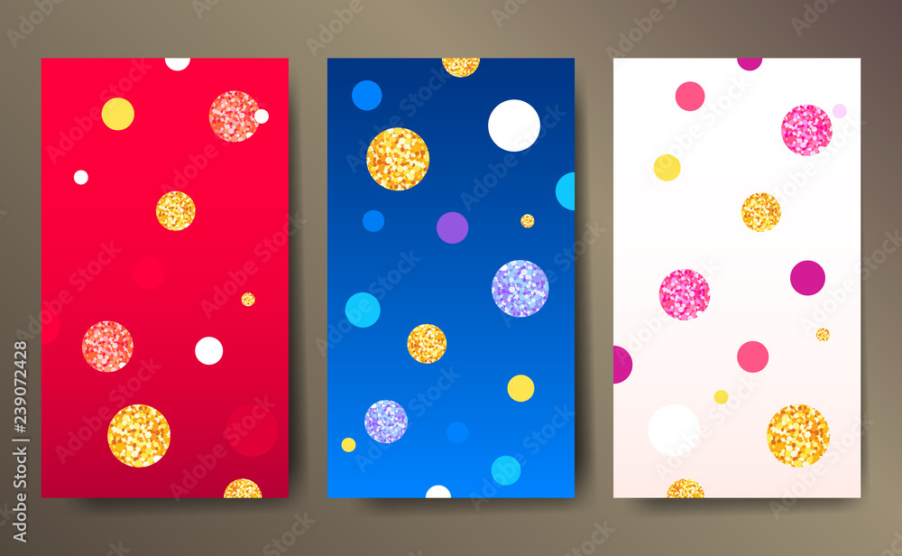Poster set of three color vertical holiday abstract backgrounds with graphic elements.