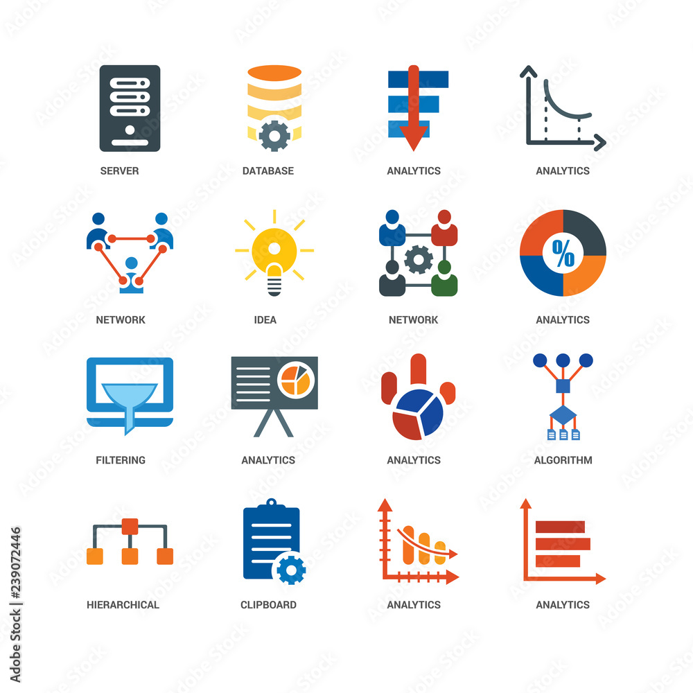 Poster 16 icons related to analytics, idea, server, undefined, algorithm, database signs. vector illustrati
