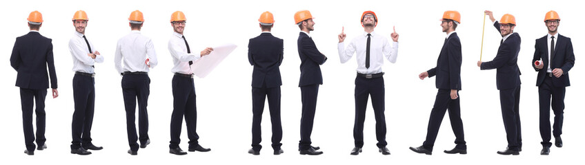 panoramic photo collage of confident architect isolated on white