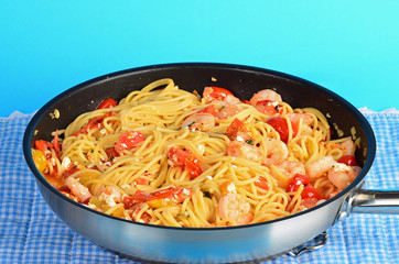 Bucatini Italian Pasta with Shrimp in Skillet