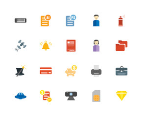 20 icons related to Diamond, Sim card, Webcam, Invoice, Ufo, Spray, Girl, Piggy bank, Magician, Bell, PS signs. Vector illustration isolated on white background.
