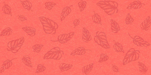 Flat vector with noise and texture. Tropical leaves Monstera on marble textured background. Bright, energetic color of Living Coral. Modern, fashionable color. Seamless pattern, place for text.