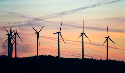 Incredible number of renewable energy windmills  along the cistercian route in the Urgell comarca, Lerida province, Southern Catalonia, Spain