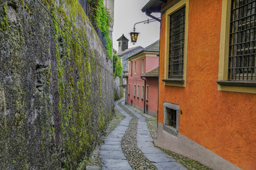 Medieval Street of San Giulio island in Lake Orta, Italy.