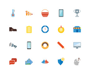 20 icons related to Mind, Shield, Theater, Pictures, Chat, Cup, Target, Doughnut, Megaphone, Clipboard, Shopping bag signs. Vector illustration isolated on white background.