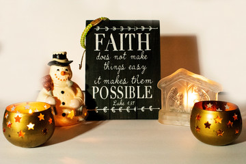 Christmas Backdrop Including Snowman, Candles, and Nativity Scene