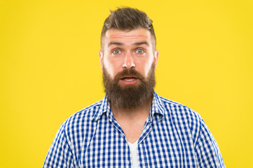 Hipster with beard and mustache emotional surprised expression. Rustic surprised macho. Surprising...