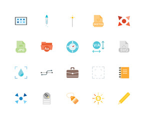 20 icons related to Pencil, Allocation, Tag, Text editor, Decrease, Expand, Tracking, Portfolio, Drop, Folder, Magic wand signs. Vector illustration isolated on white background.
