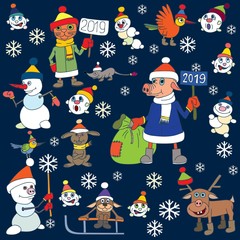 Christmas vector. Snowmen. Little birds. Year of the pig.
