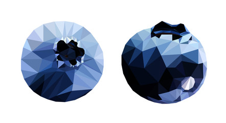 Blueberries tasty and delicious isolated on white. Low poly triangular 3d blueberries in a geometric style. Detailed vector illustration, EPS 10.