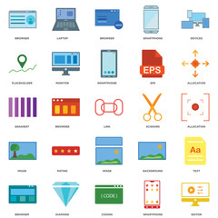 25 icons related to Editor, Smartphone, Coding, Diamond, Browser, Allocation, Scissors, Image, Placeholder, Laptop signs. Vector illustration isolated on white background.