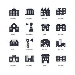 16 icons related to Building, Shop, House, undefined, undefined signs. Vector illustration isolated on white background.